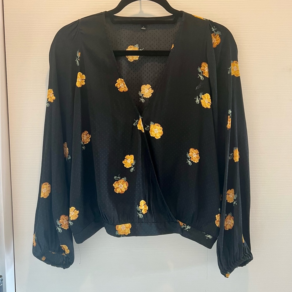 Madewell black blouse with yellow/orange flowers